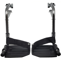 Front view of the Invacare Swing Away Hemi Footrests with Heel Loop with Aluminum Footplate shown in chrome