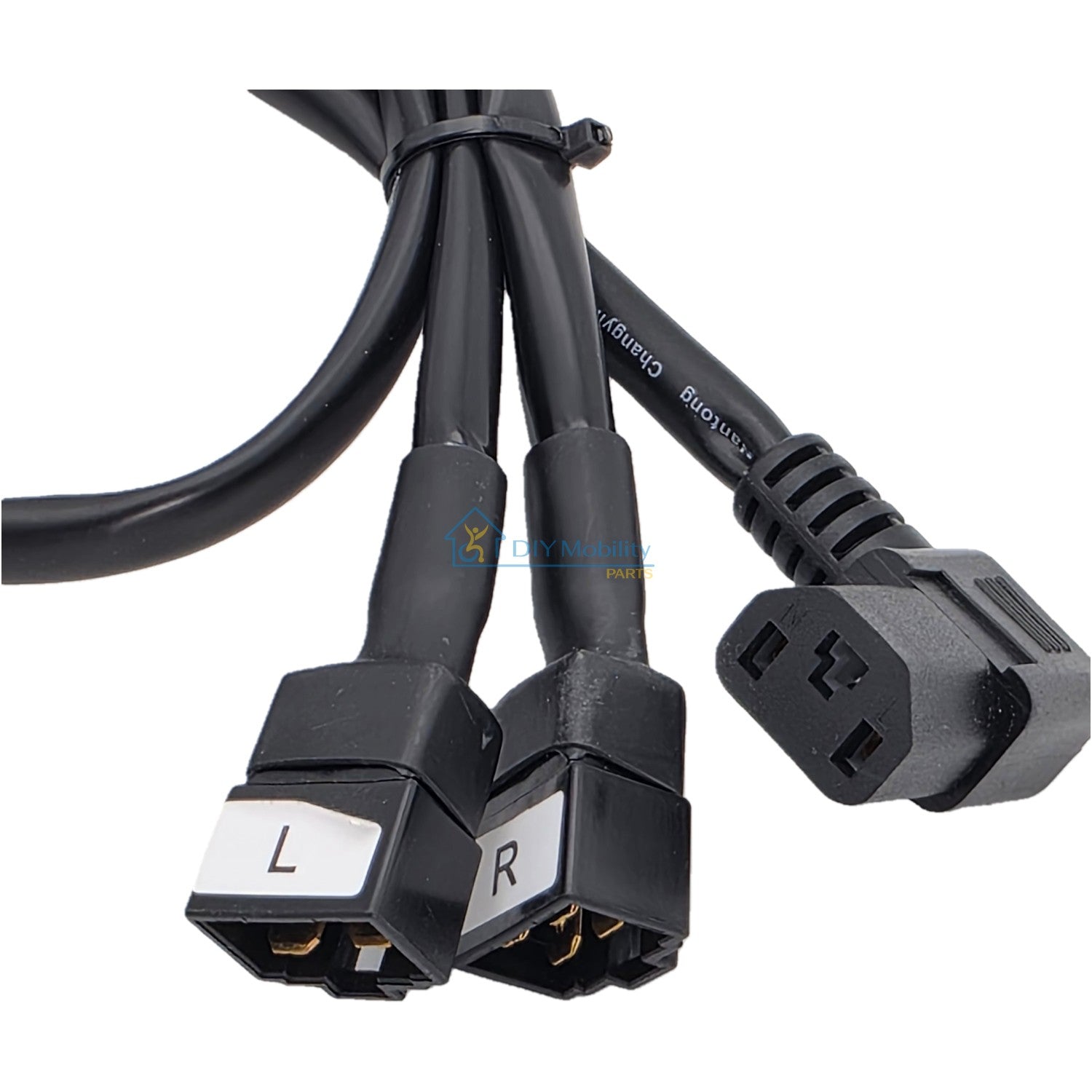 Close up view of the Replacement joystick controller for Majestic IQ-8000 and Glide Care G5 Power Folding Electric Wheelchair. Showing 3 connector plugs with "L" and "R" markings
