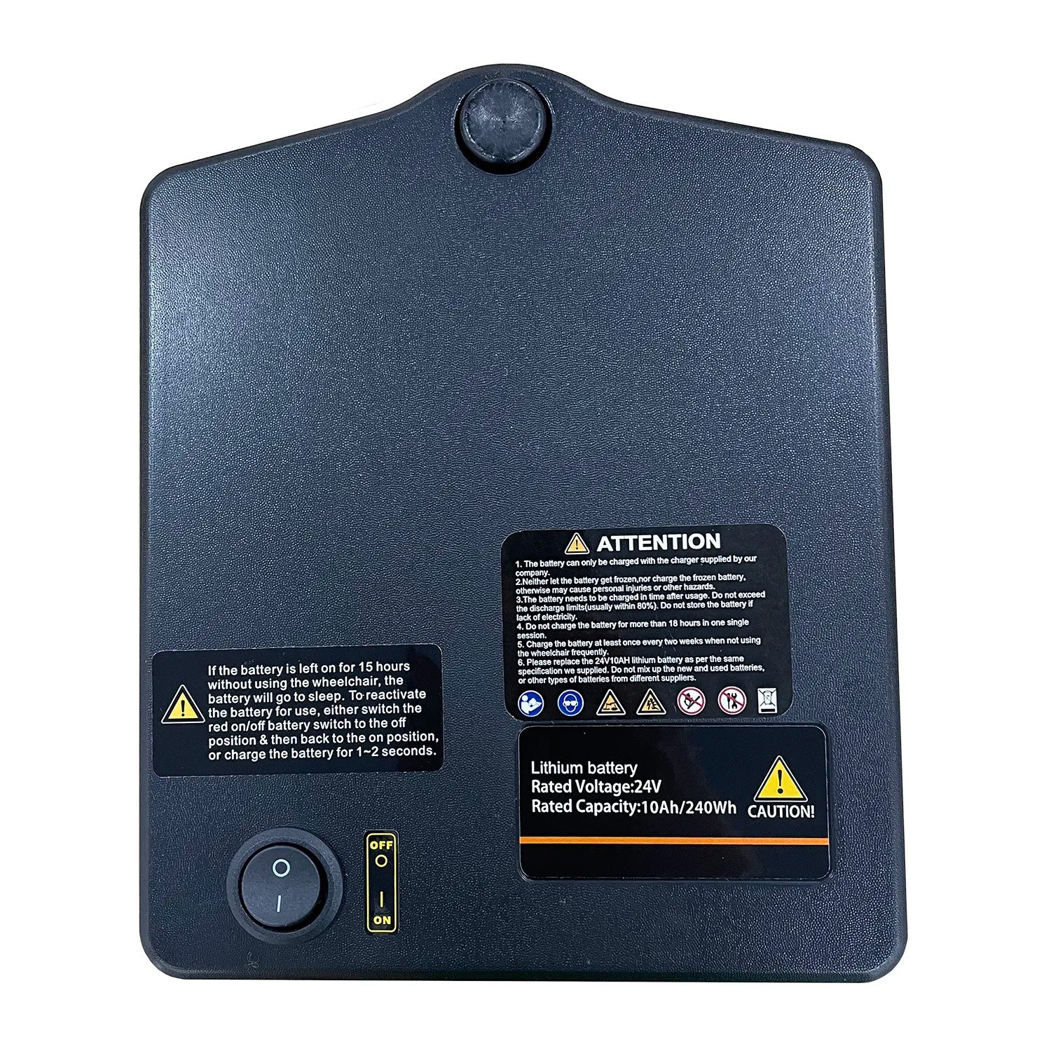 Replacement Air Elite 24V Lithium Battery showing 10Ah/40Wh and on off switch