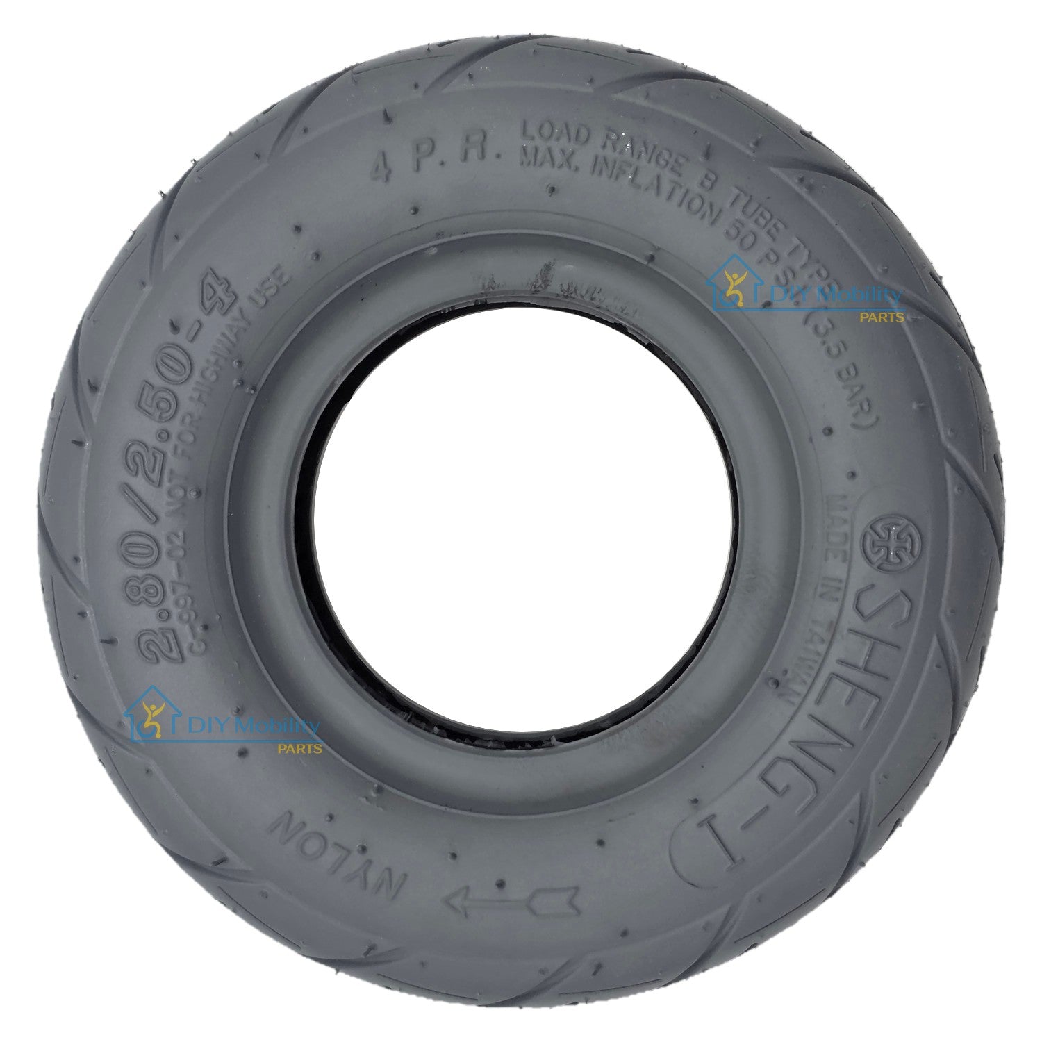 The 2.80/2.50-4 Rear Tire for Journey Zinger Folding Power Chair features a Sheng-I tread pattern which provides traction and a comfortable ride. Journey number 08308