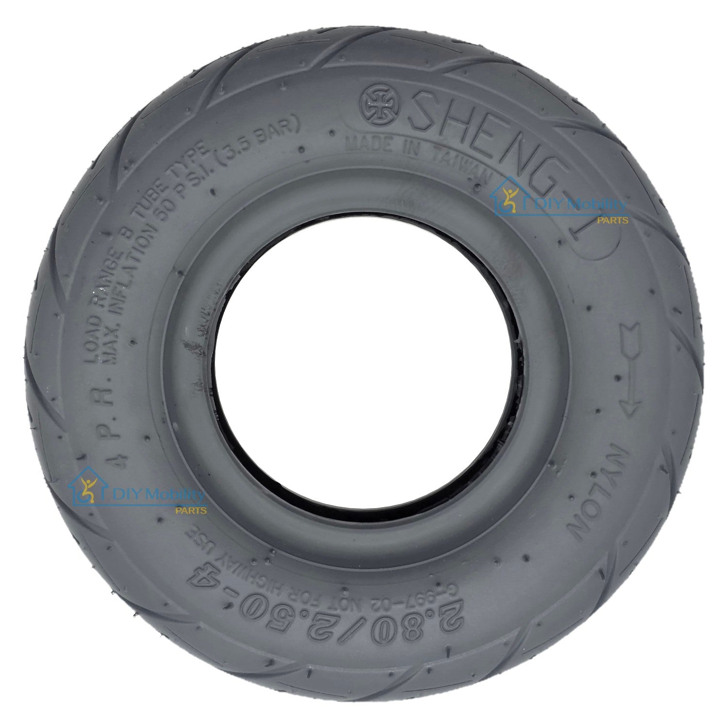 The 2.80/2.50-4 replacement Rear Tire for Journey Zinger Folding Power Chair features a Sheng-I tread pattern. Journey number 08308