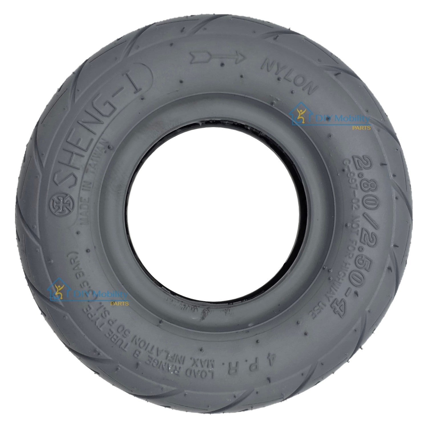 The 2.80/2.50-4 Rear Tire for Journey Zinger Folding Power Chair features a Sheng-I tread pattern which provides traction and a comfortable ride. Journey number 08308