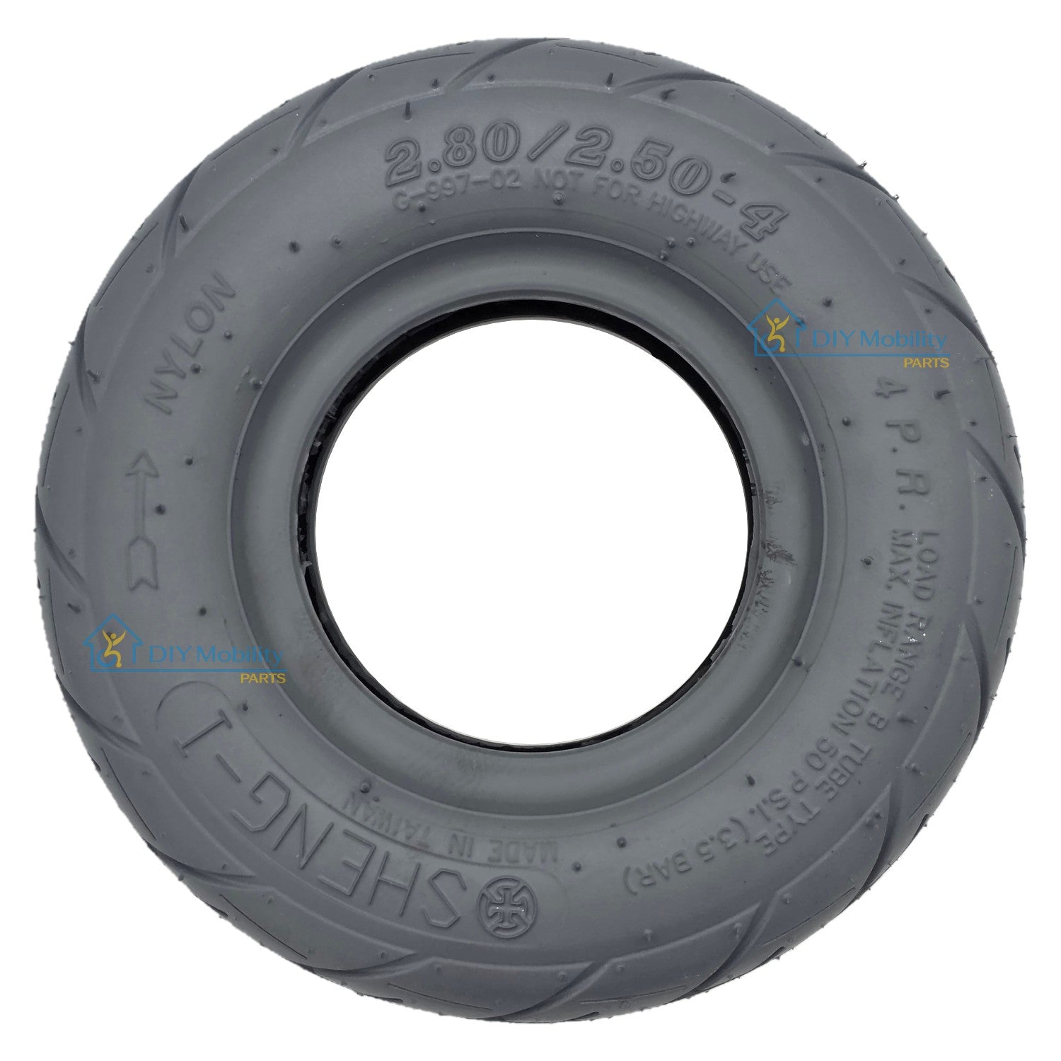 The 2.80/2.50-4 replacement Rear Tire for Journey Zinger Folding Power Chair. Sheng-I tire Journey number 08308.