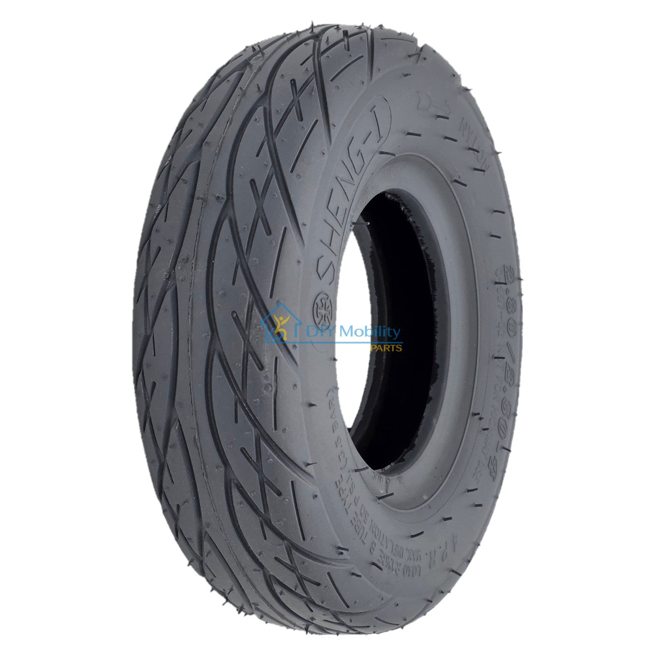 Angled view of the replacement 2.80/2.50-4 Rear Tire for Journey Zinger Folding Power Chair features a Sheng-I tread pattern which provides traction and a comfortable ride. Journey number 08308