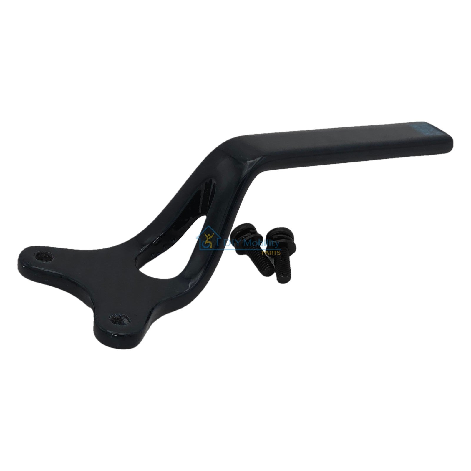 Angled view of the replacement joystick mounting bracket for Pride Jazzy Carbon HD and Jazzy Carbon 27 power wheelchairs showing mounting bolts. Carbon fiber bracket in blue or red.