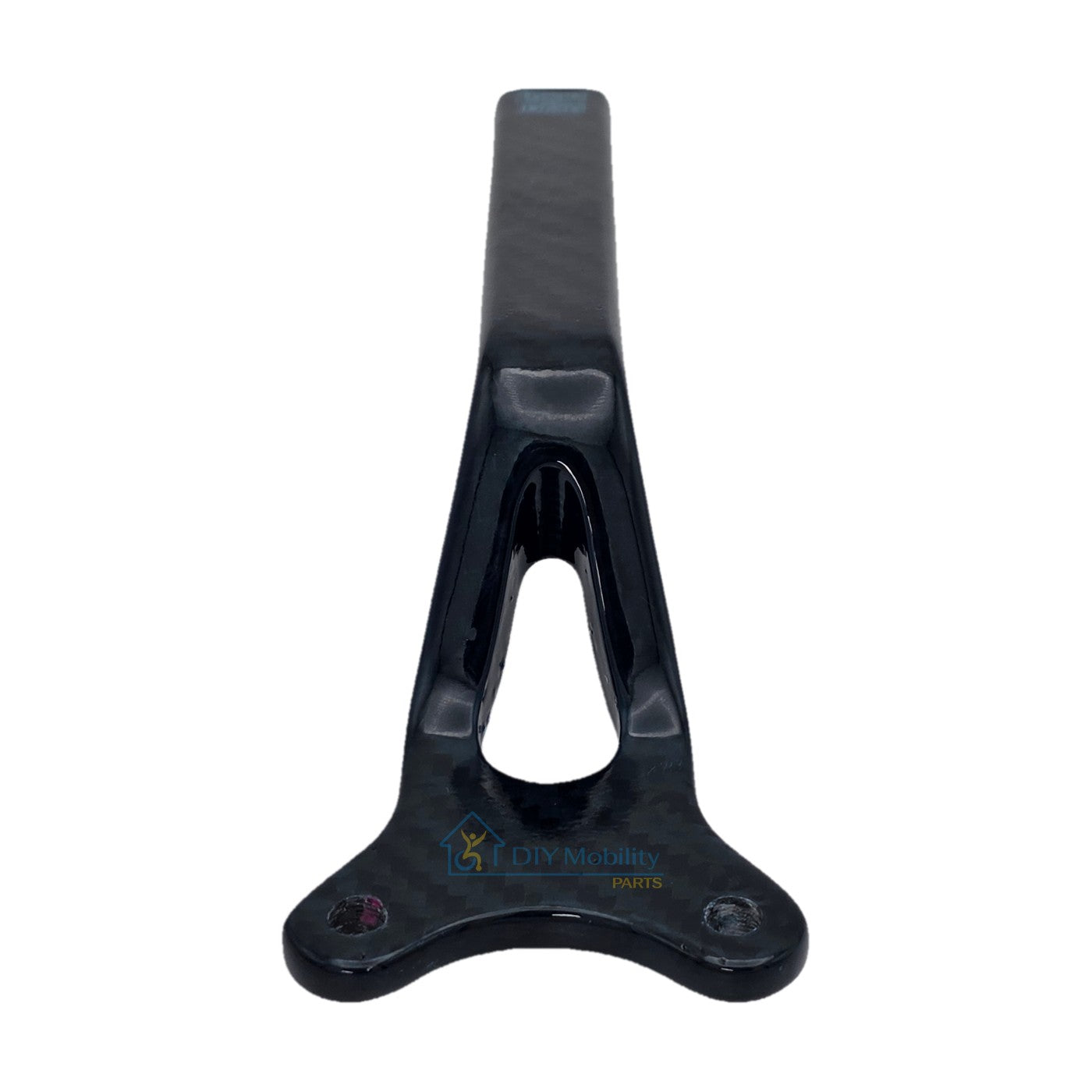 Close up view of the replacement joystick mounting bracket for Pride Jazzy Carbon HD and Jazzy Carbon 27 power wheelchairs. Carbon fiber bracket in blue or red. Pride Mobility MEC2506199