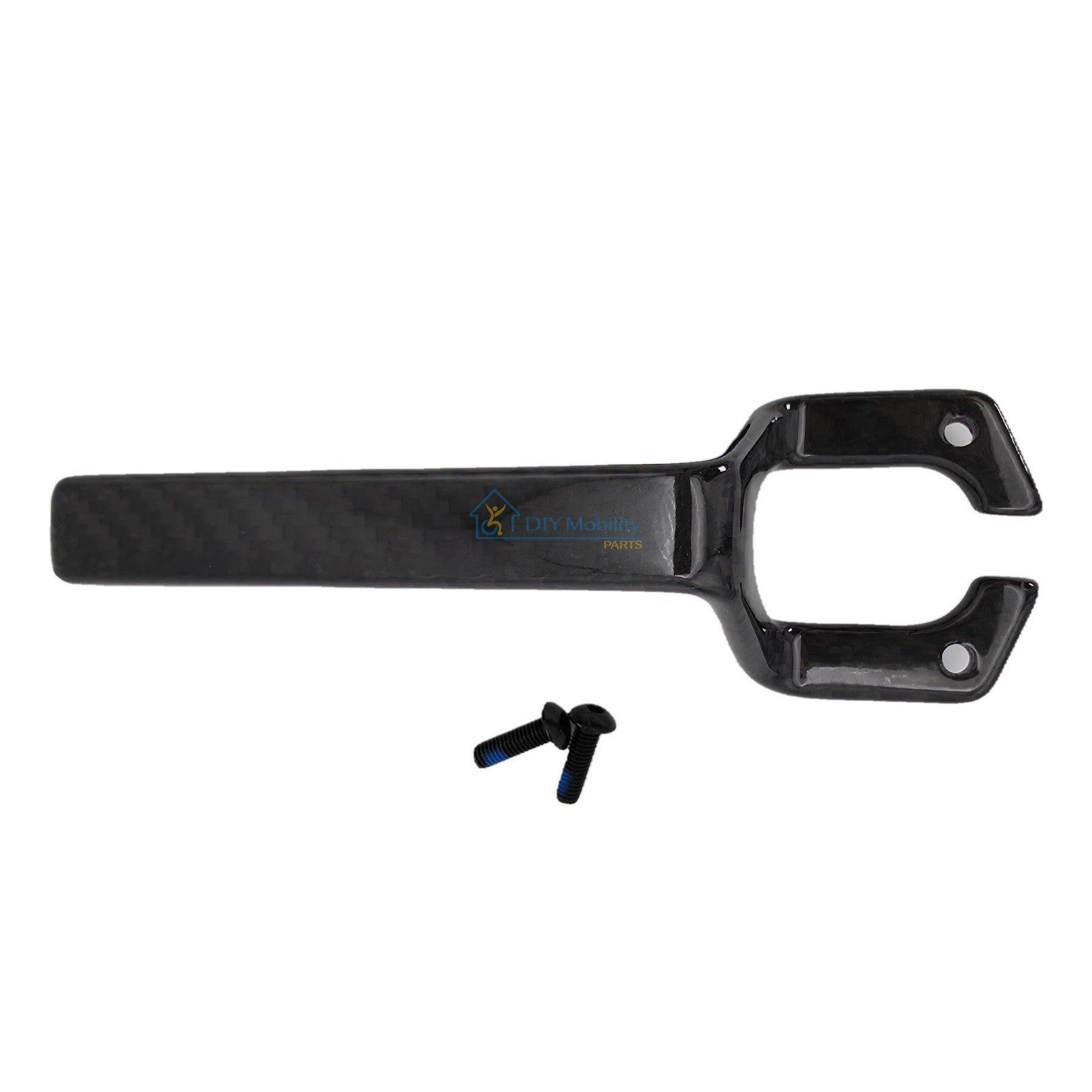 Top view of replacement carbon fiber Joystick Mounting Bracket for the Pride Jazzy Ultra Light and Jazzy Carbon Folding Power Wheelchairs showing bolts and fasteners