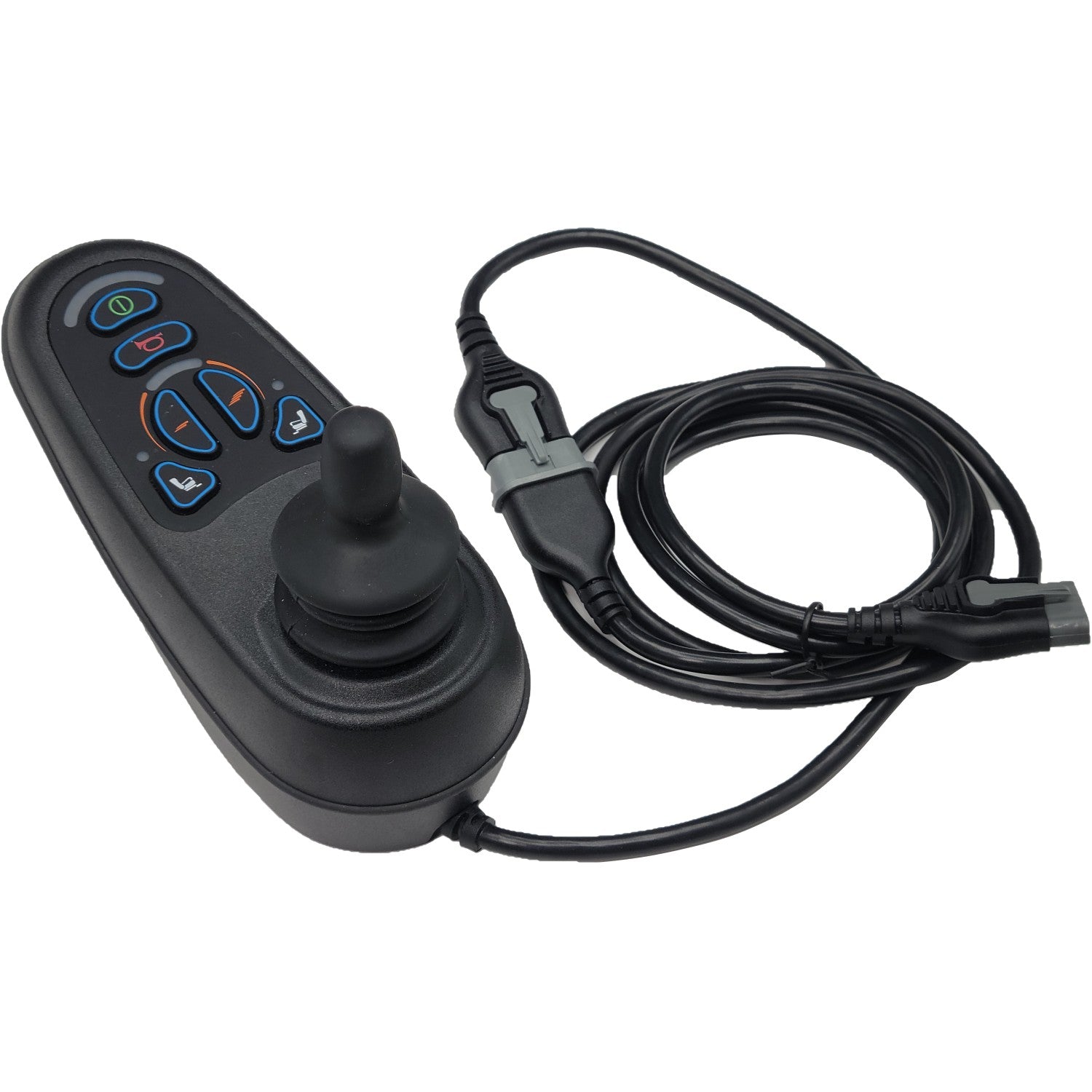 6-Key VR2 Joystick Controller with 2-Meter Cable for the Jazzy Air Power Chair, featuring a black remote control, and several buttons for wheelchair and scooters