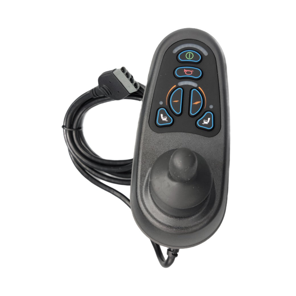 6-Key VR2 Joystick Controller with 2-Meter Cable for the Jazzy Air Power Chair, featuring a black remote control, and several buttons for wheelchair and scooters