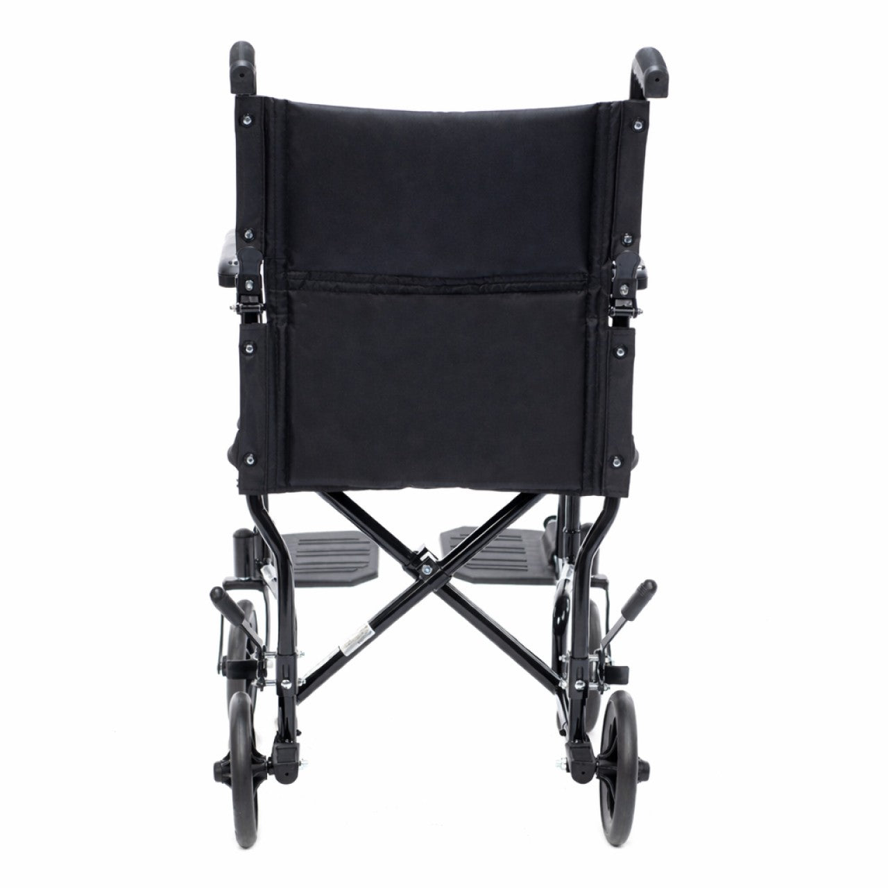 Back view of the Lightweight aluminum transport wheelchair in blue designed for travel and daily use. Easy to fold, compact, and simple to push for smooth mobility and convenience.