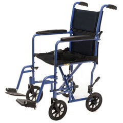 Lightweight aluminum transport wheelchair in blue designed for travel and daily use. Easy to fold, compact, and simple to push for smooth mobility and convenience.