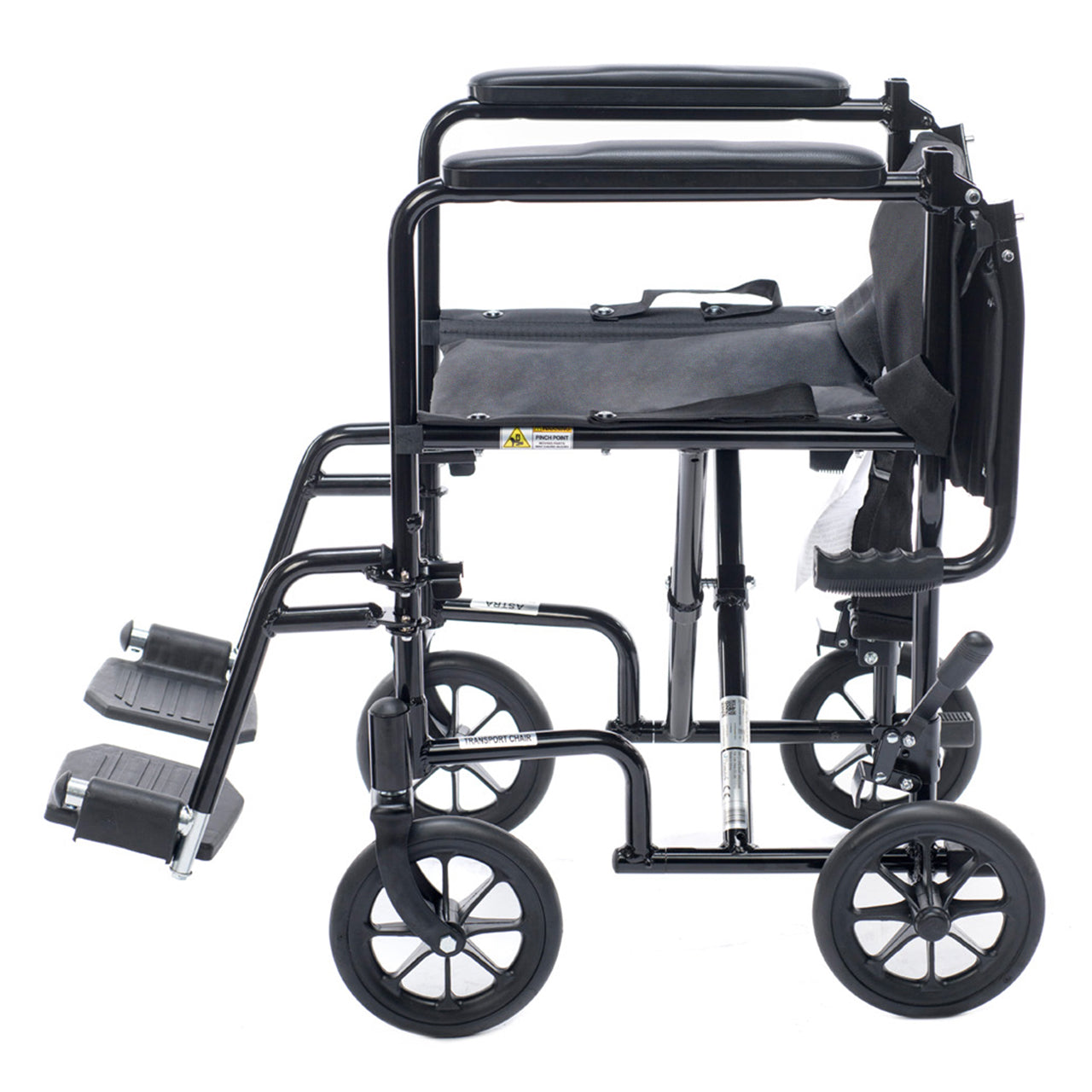 Side view of the Lightweight aluminum transport wheelchair in blue designed for travel and daily use. Easy to fold, compact, and simple to push for smooth mobility and convenience.