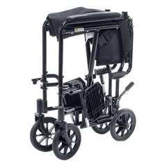 Close of view of the Lightweight transport wheelchair in black designed for travel and daily use. Easy to fold, compact, and simple to push for smooth mobility and convenience.