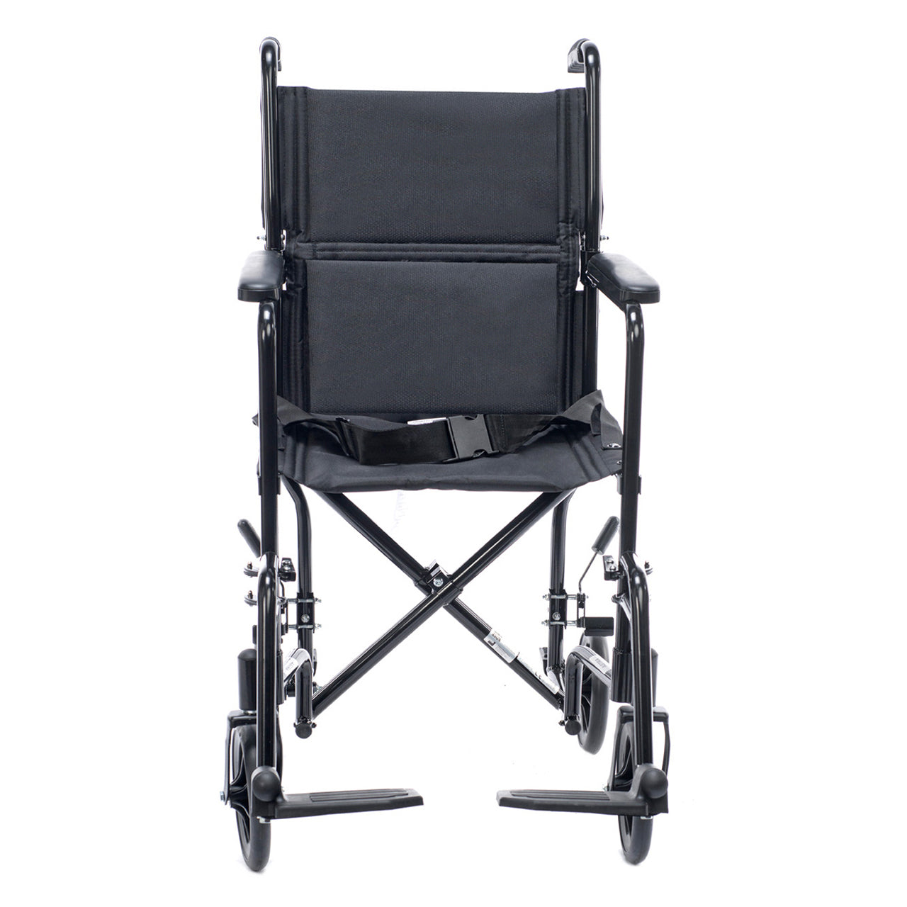 Front view of the Lightweight transport wheelchair in black designed for travel and daily use. Easy to fold, compact, and simple to push for smooth mobility and convenience.