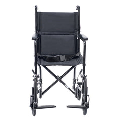 Front view of the Lightweight transport wheelchair in black designed for travel and daily use. Easy to fold, compact, and simple to push for smooth mobility and convenience.
