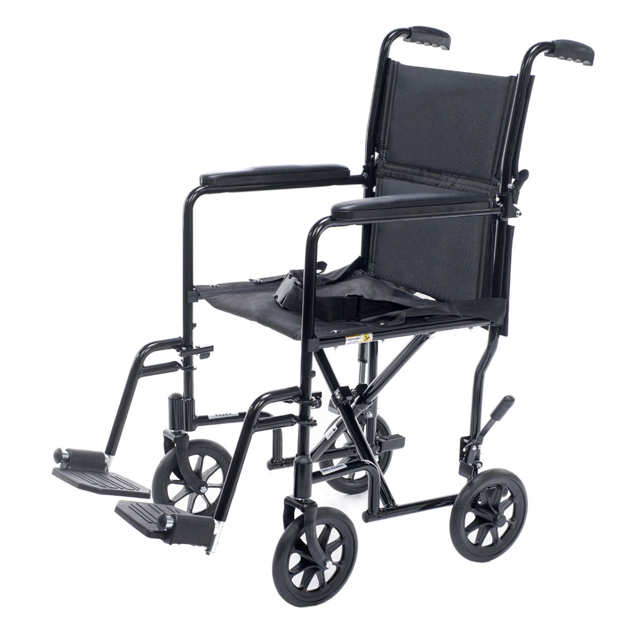 Lightweight transport wheelchair in black designed for travel and daily use. Easy to fold, compact, and simple to push for smooth mobility and convenience.