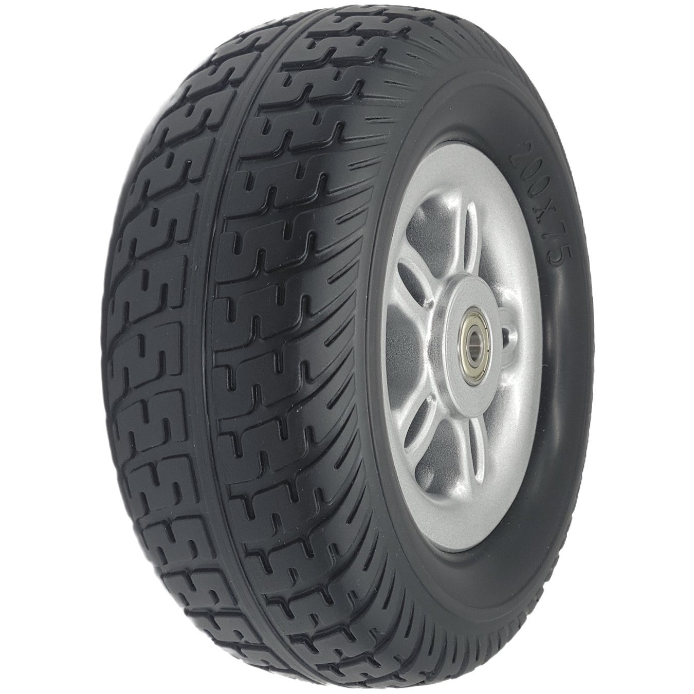 This 8 in. (200x75) Merits Caster Wheel Assembly for Vector HD Wheelchair features a five spoke hub and multi pattern tread for a smooth comfortable ride.