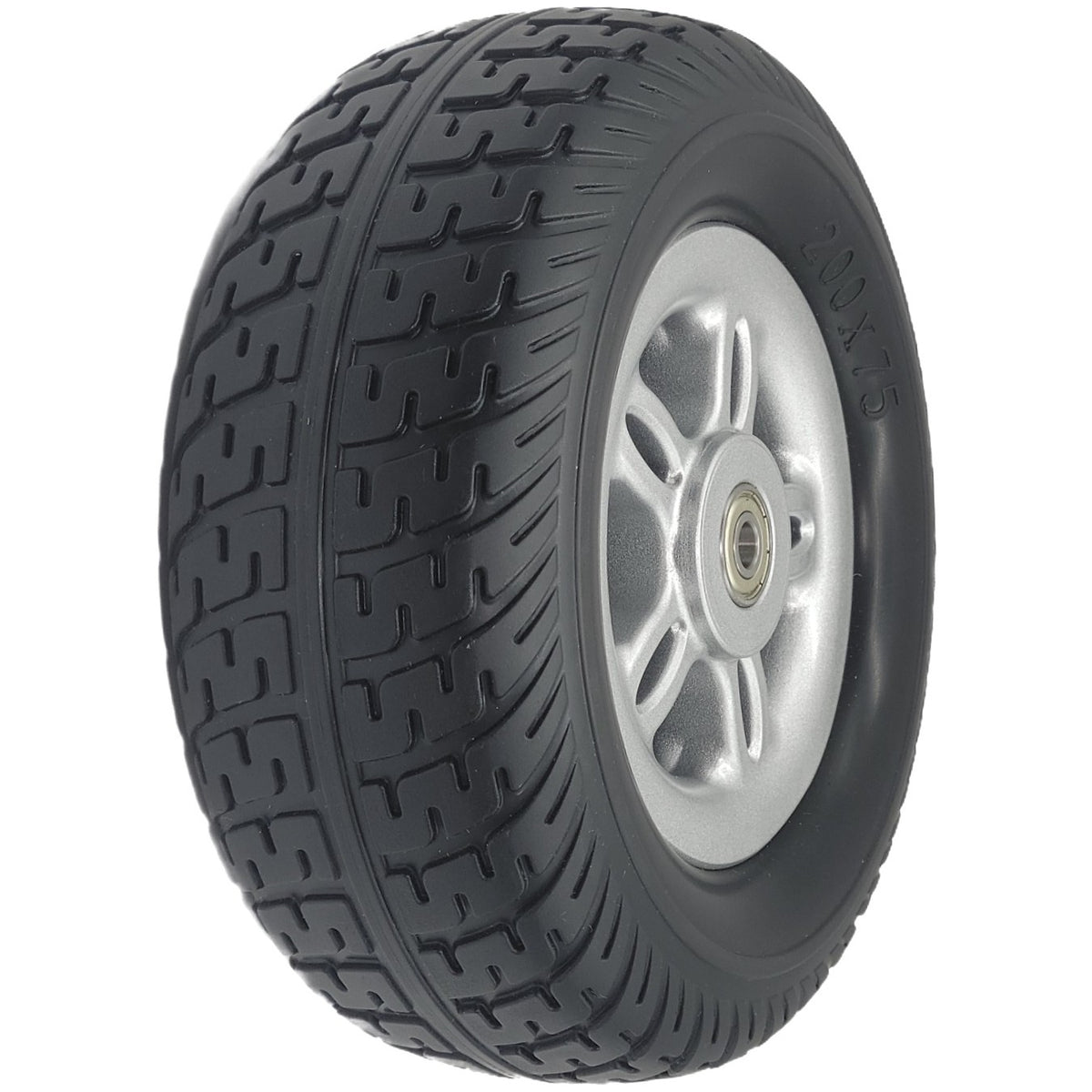 This 8 in. (200x75) Merits Caster Wheel Assembly for Vector HD Wheelchair features a five spoke hub and multi pattern tread for a smooth comfortable ride.