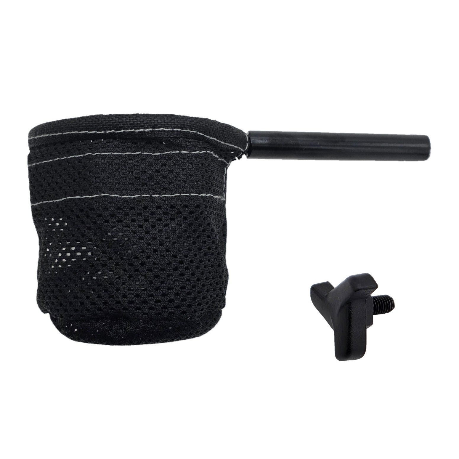 Side view of the black Mesh CupHolder For Pride Jazzy Carbon Power Wheelchair allows you to easily carry a beverage on the Pride Jazzy Carbon Folding Travel Power Chair. Pride part number ACC2304855