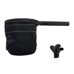 Side view of the black Mesh CupHolder For Pride Jazzy Carbon Power Wheelchair allows you to easily carry a beverage on the Pride Jazzy Carbon Folding Travel Power Chair. Pride part number ACC2304855