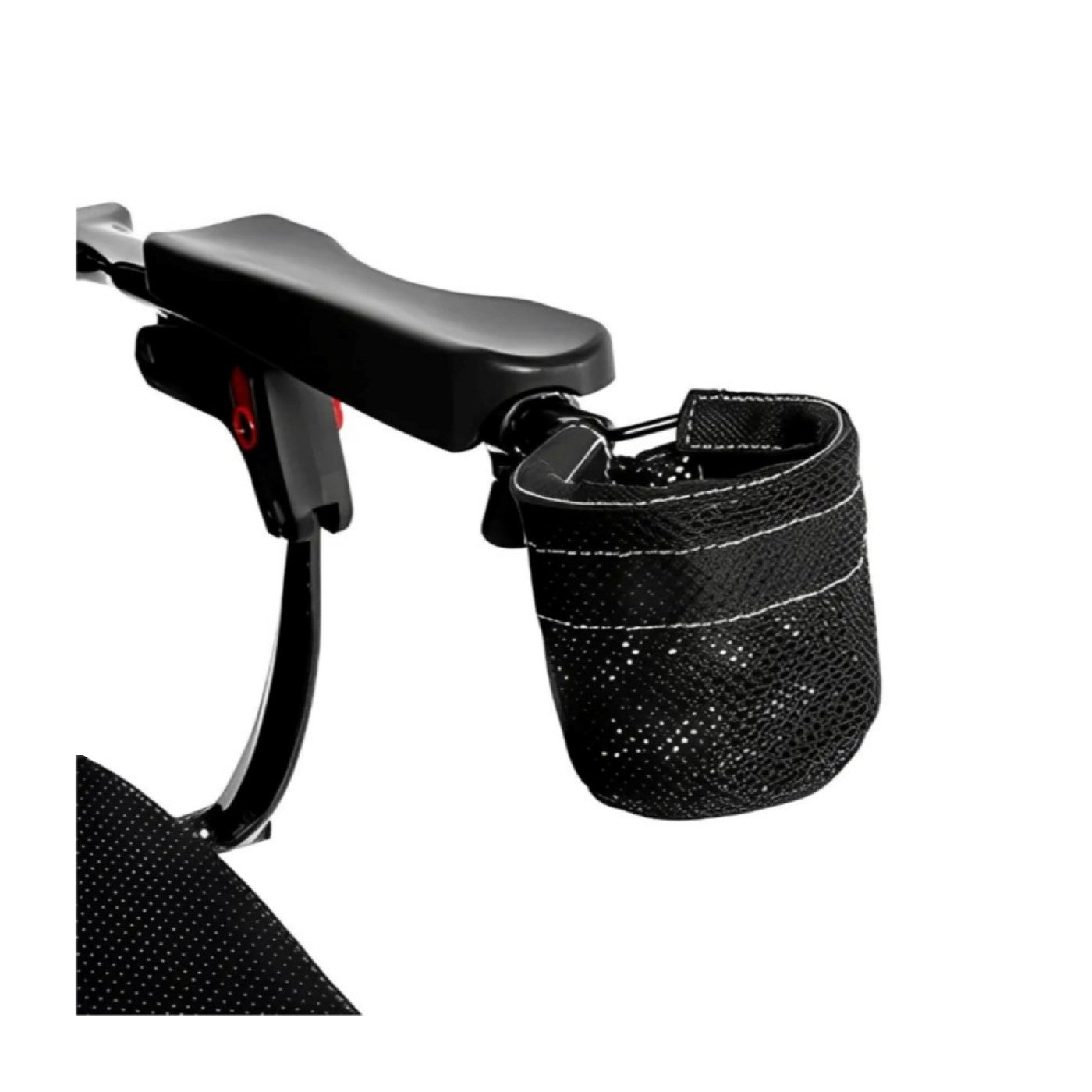 Assembled view of the black Mesh Cup Holder For Pride Jazzy Carbon Power Wheelchair allows you to easily carry a beverage on the Pride Jazzy Carbon Folding Travel Power Chair. Pride part number ACC2304855