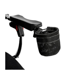 Assembled view of the black Mesh Cup Holder For Pride Jazzy Carbon Power Wheelchair allows you to easily carry a beverage on the Pride Jazzy Carbon Folding Travel Power Chair. Pride part number ACC2304855