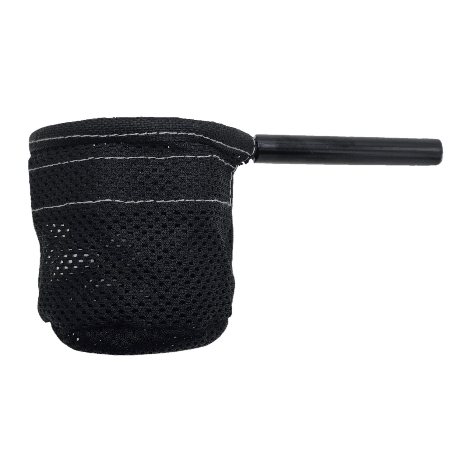 Side view of the black Mesh CupHolder For Pride Jazzy Carbon Power Wheelchair allows you to easily carry a beverage on the Pride Jazzy Carbon Folding Travel Power Chair. Pride part number ACC2304855