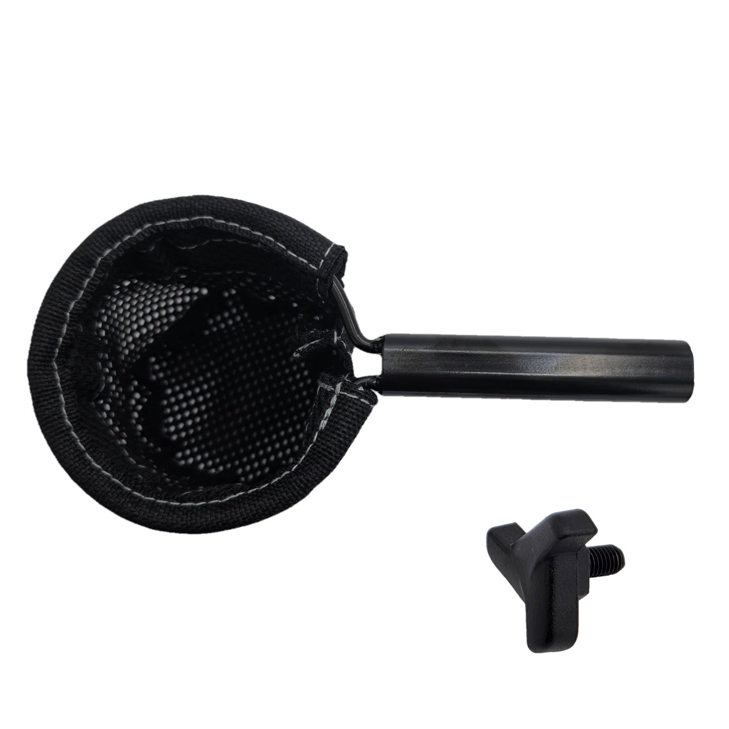 Top view of the black Mesh CupHolder For Pride Jazzy Carbon Power Wheelchair showing locking knob. Pride part number ACC2304855