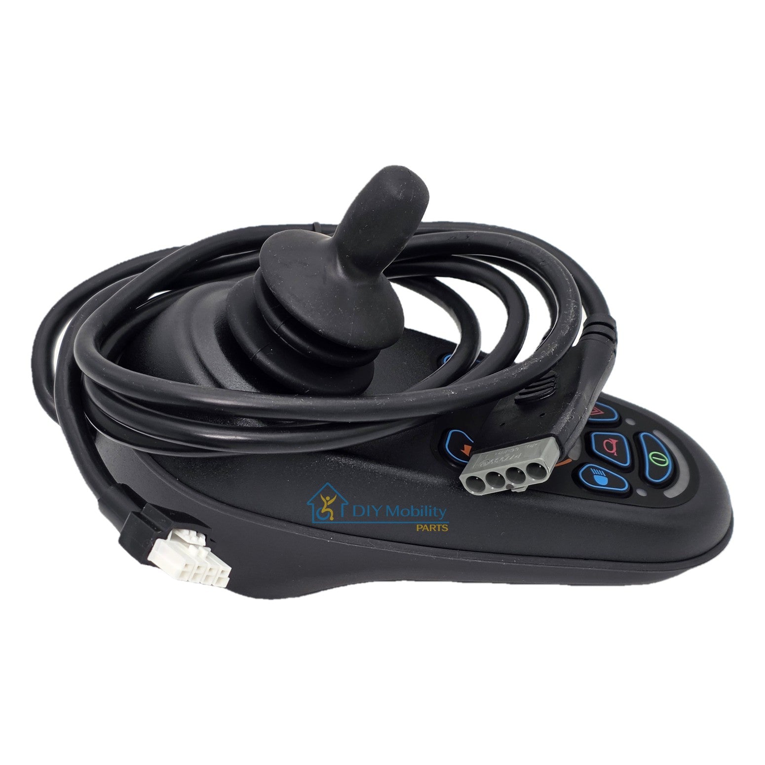 Close up view of the PG Drives Technology D50870 joystick module with a reliable VR2 controller. Showing 4-pin gray and 8-pin white conntector