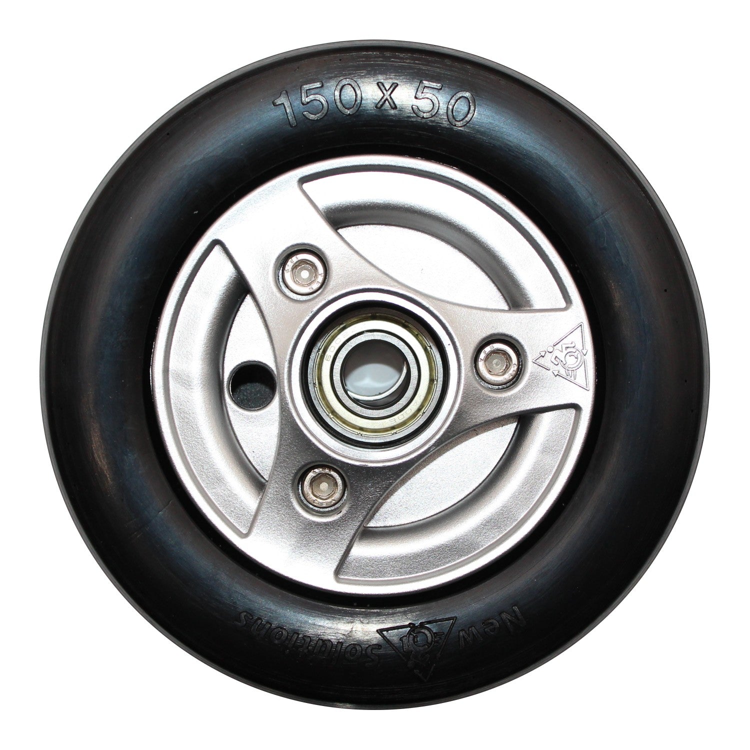 Front view of the replacement 6 x 2 in. (150 x 50) Permobil M300 and Permobil M400 Power Wheelchair Caster Wheel with Black Tire (Compare to Permobil Part 1830675) features a flat free multi-rib tire in black.