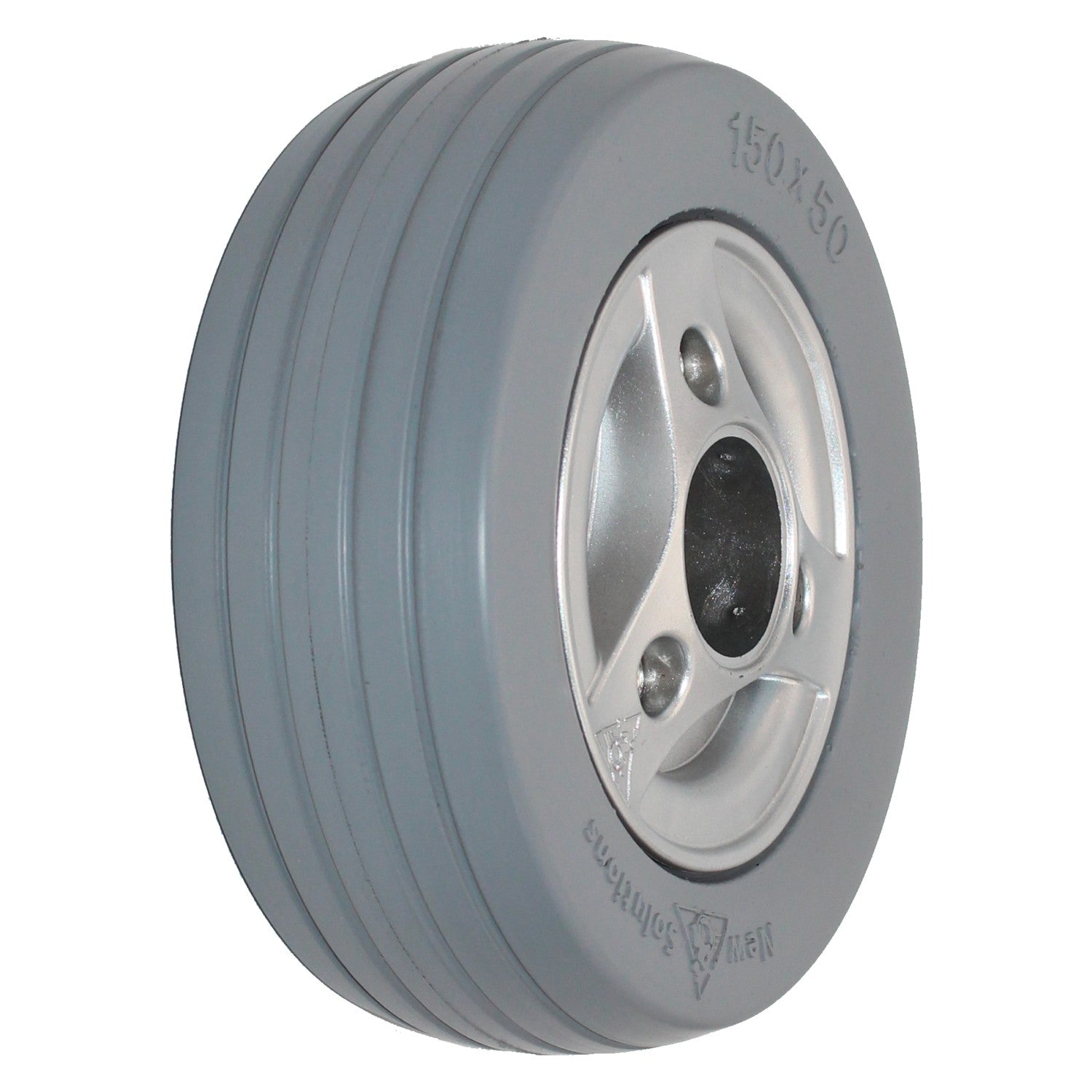 The replacement 6 x 2 in. (150 x 50) Permobil M300 and Permobil M400 Power Wheelchair Caster Wheel with Black Tire (Compare to Permobil Part 1830675) features a flat free multi-rib tire in Gray.