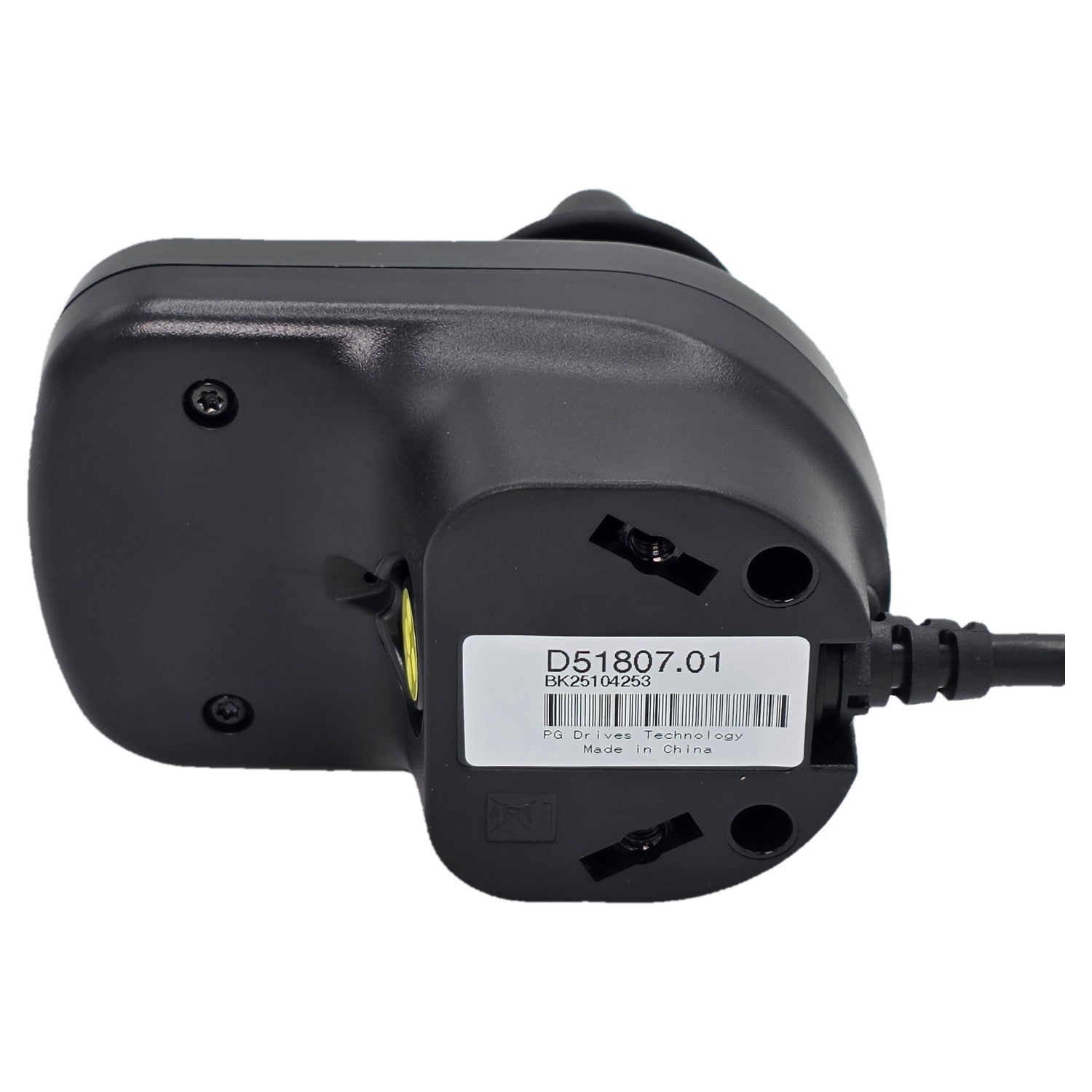 Bottom view of the PG Drives Technology D51807.01 nVR2 joystick module for Power wheelchairs with black cable