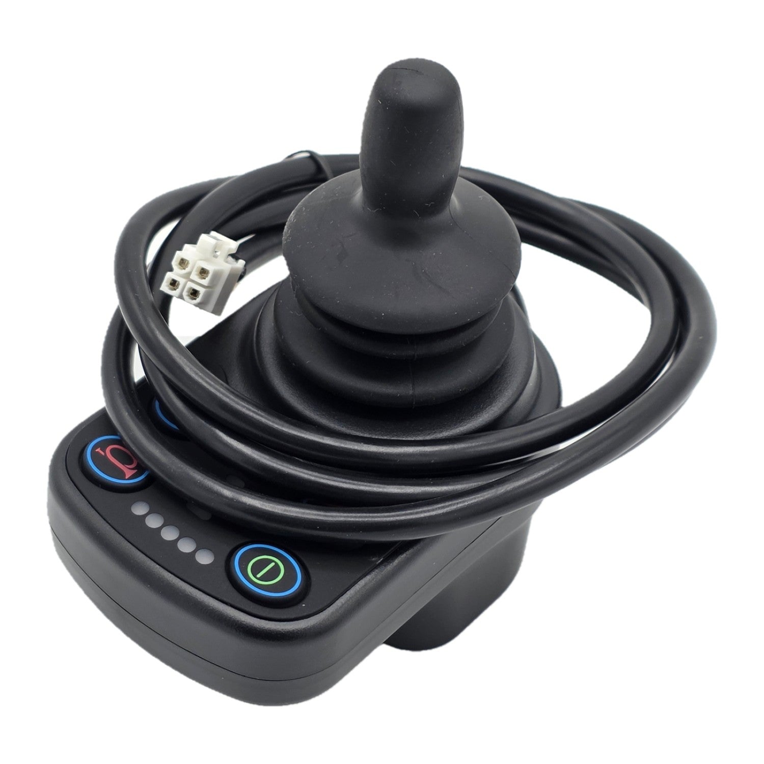 Close of view of the PG Drives Technology D51807 nVR2 joystick module for Power wheelchairs showing the 4 pin white connector
