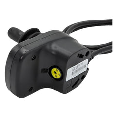 Close of view of the PG Drives Technology D51807 nVR2 joystick module for Power wheelchairs showing the yellow charging connector