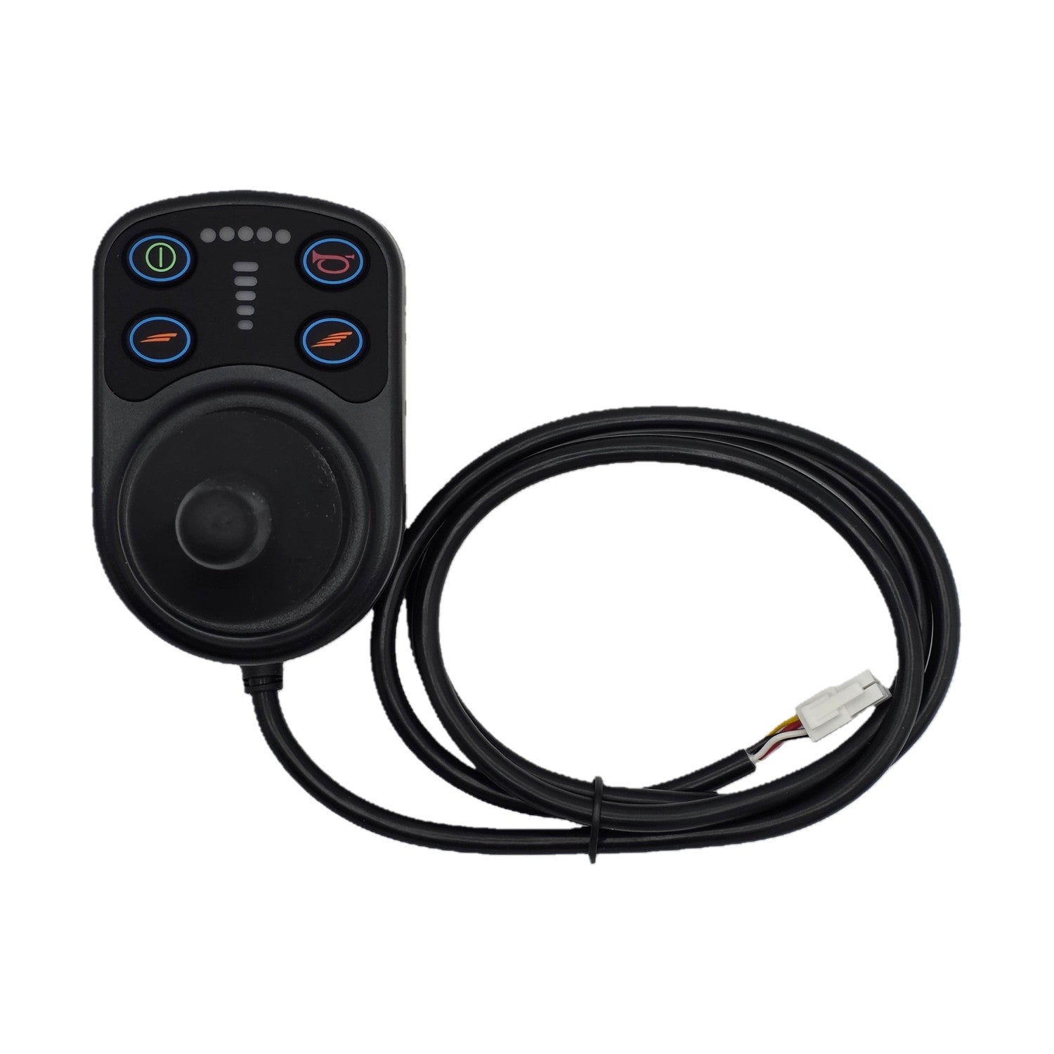 Front view of the PG Drives Technology D51807.01 nVR2 joystick module for Power wheelchairs with black cable and white connector