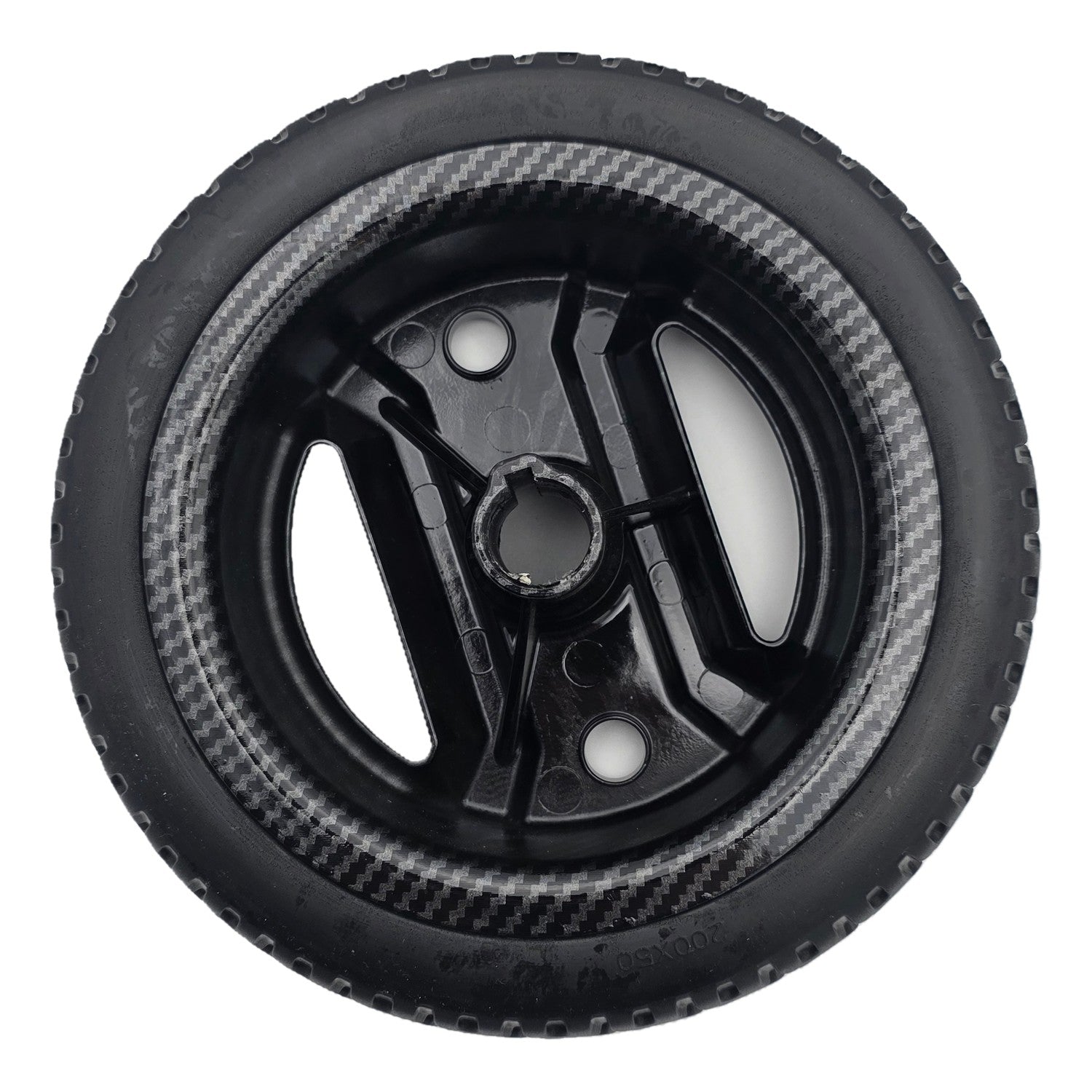 Back view of the 200x50 Black Rear Drive Wheel Assembly for Pride Go Go Carbon Electric Scooter. Carbon fiber wheel fits the left or right side rear drive wheels.