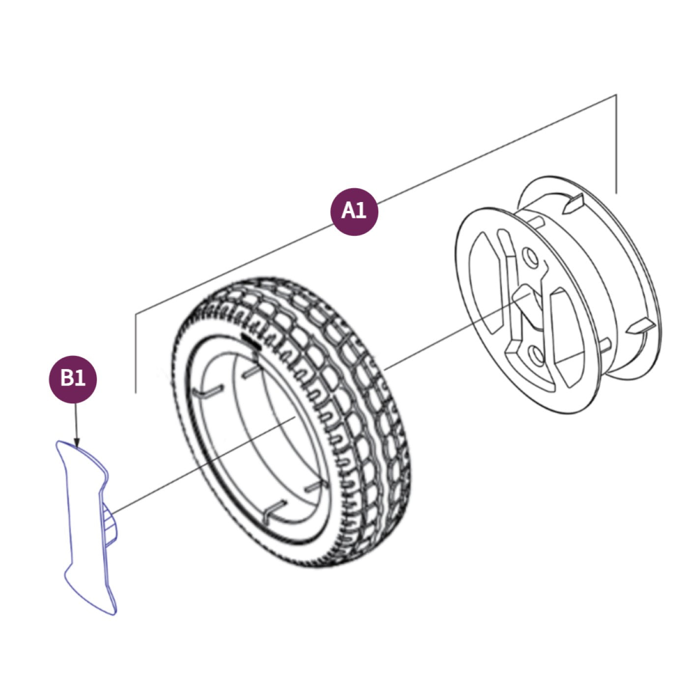 Diagram view of the Black Rear Drive Wheel Assembly for Pride Go Go Carbon Electric Scooter. Carbon fiber wheel with black tire
