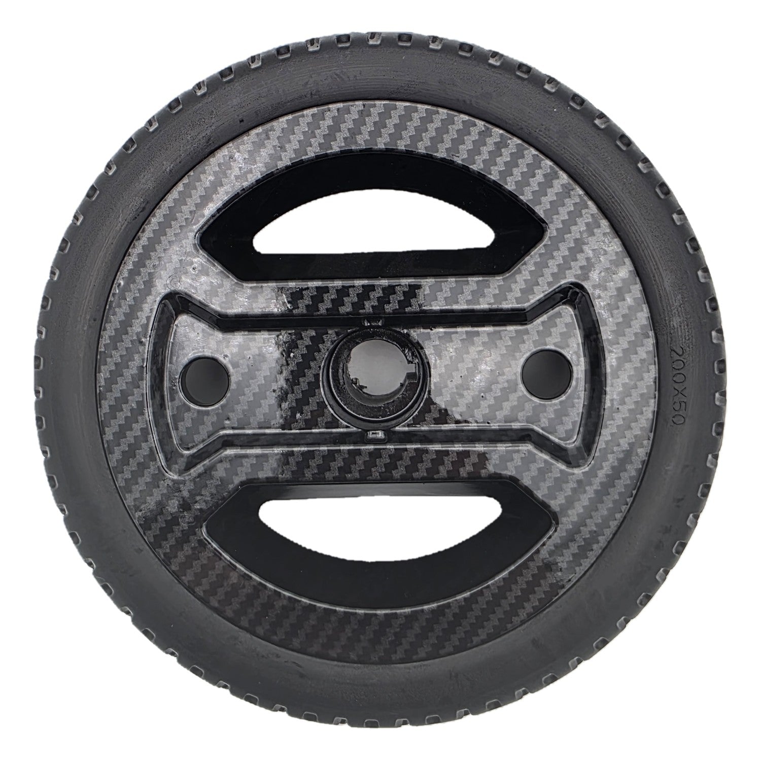 200x50 Black Rear Drive Wheel Assembly for Pride Go Go Carbon Electric Scooter. Carbon fiber wheel fits the left or right side rear drive wheels.