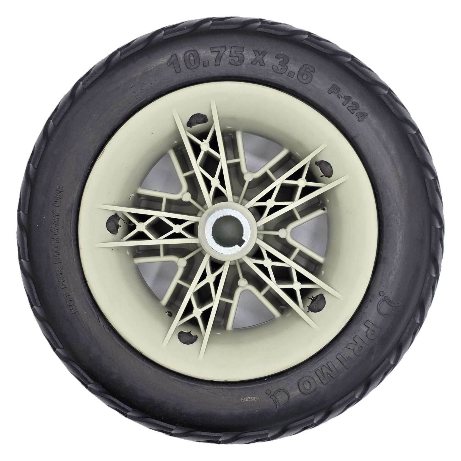 Back side view of the 10.75x3.6 Rear Drive Wheel Assembly for Pride Maxima 4-Wheel Electric Scooter with Black Pr1mo 10.75 x 3.6 tire with P-124 tread