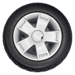 Front view of the 10.75x3.6 Rear Drive Wheel Assembly for Pride Maxima 4-Wheel Electric Scooter with Black Pr1mo 10.75 x 3.6 tire with P-124 tread