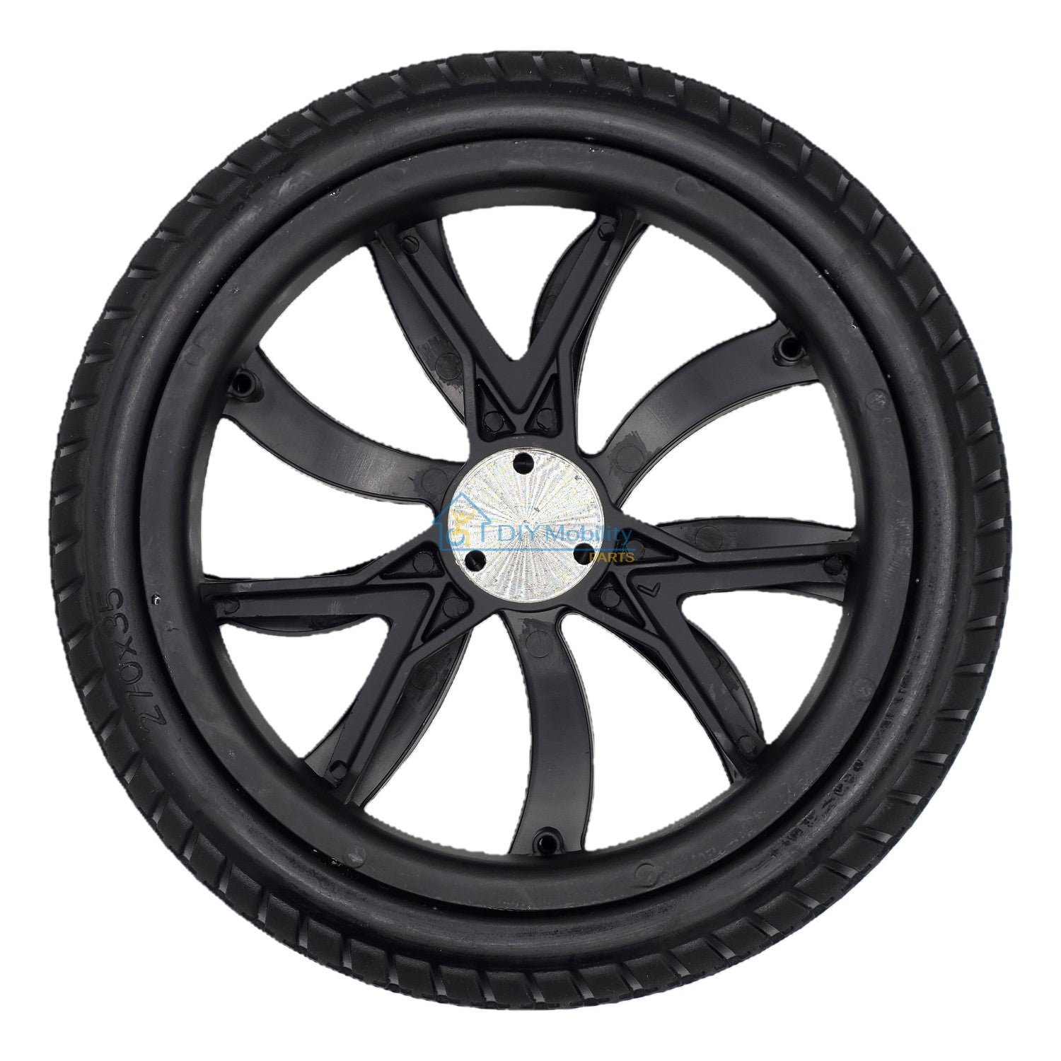 Back view of the replacement Rear Drive Wheel For Vive Airframe Magnesium Collection Electric Wheelchair showing metal hub