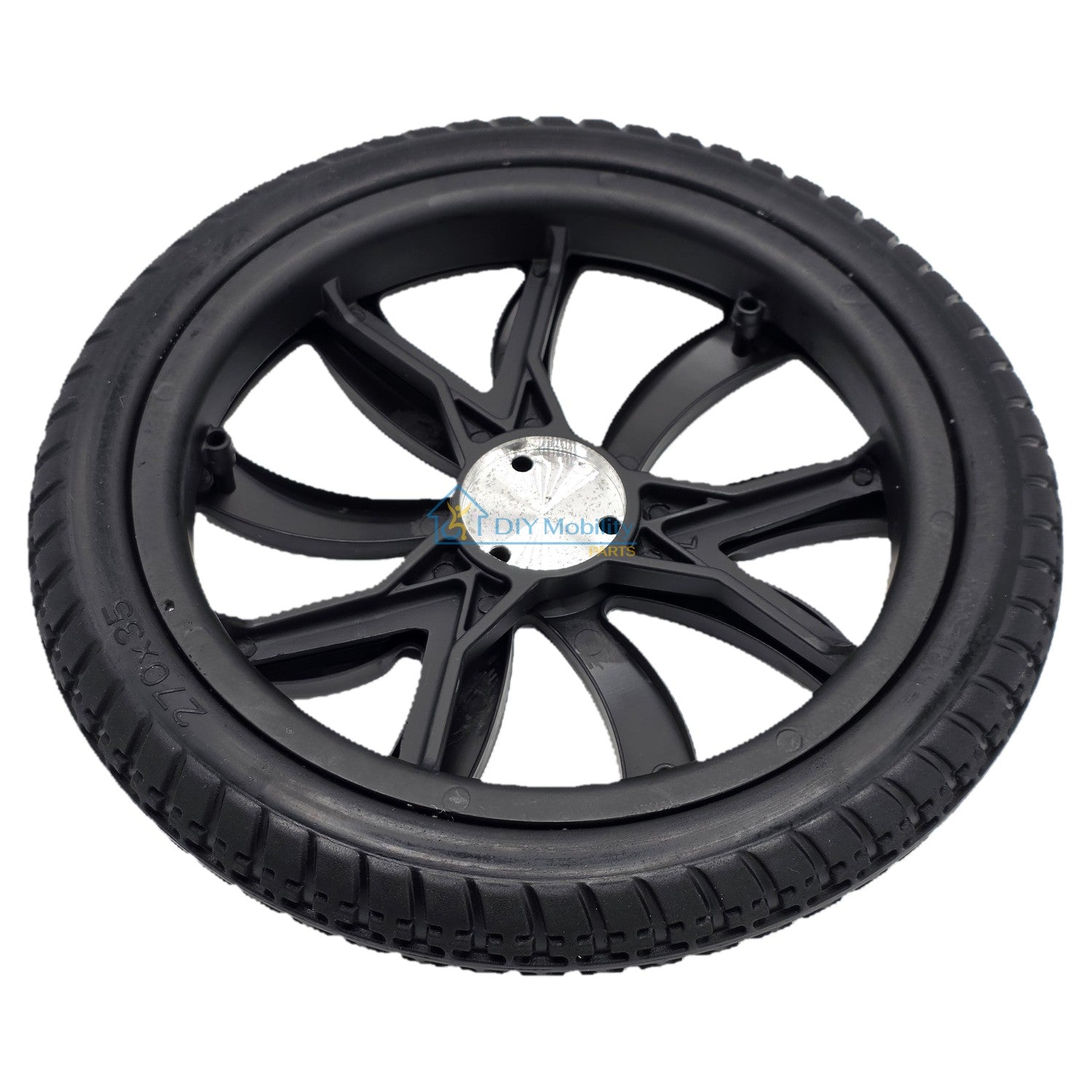Close up view of the replacement Rear Drive Wheel For Vive Airframe Magnesium Collection Electric Wheelchair showing metal hub