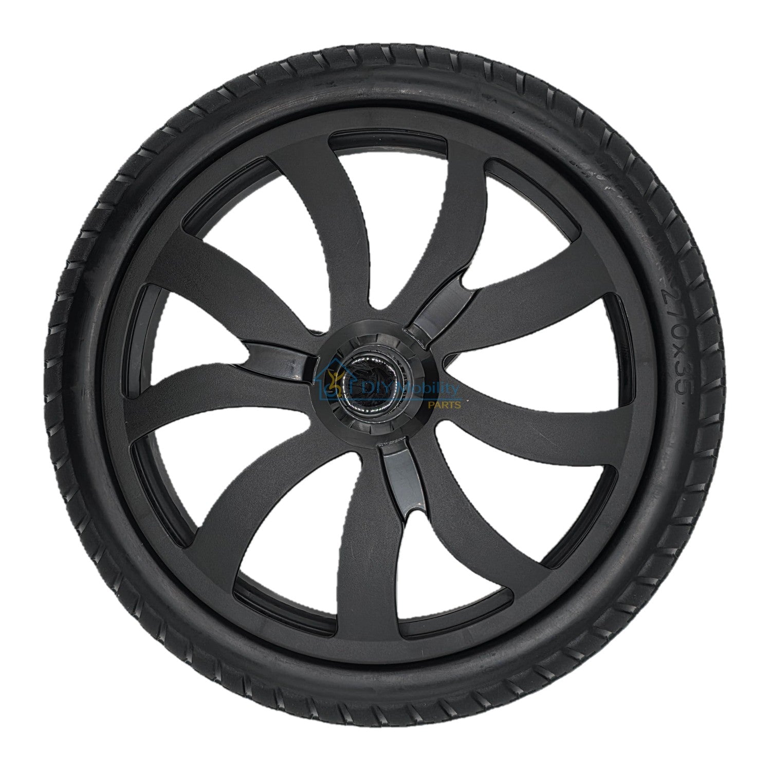 Top view of the replacement Rear Drive Wheel For Vive Airframe Magnesium Collection Electric Wheelchair features a black treaded 270x35 tire and fits the left or right side.  