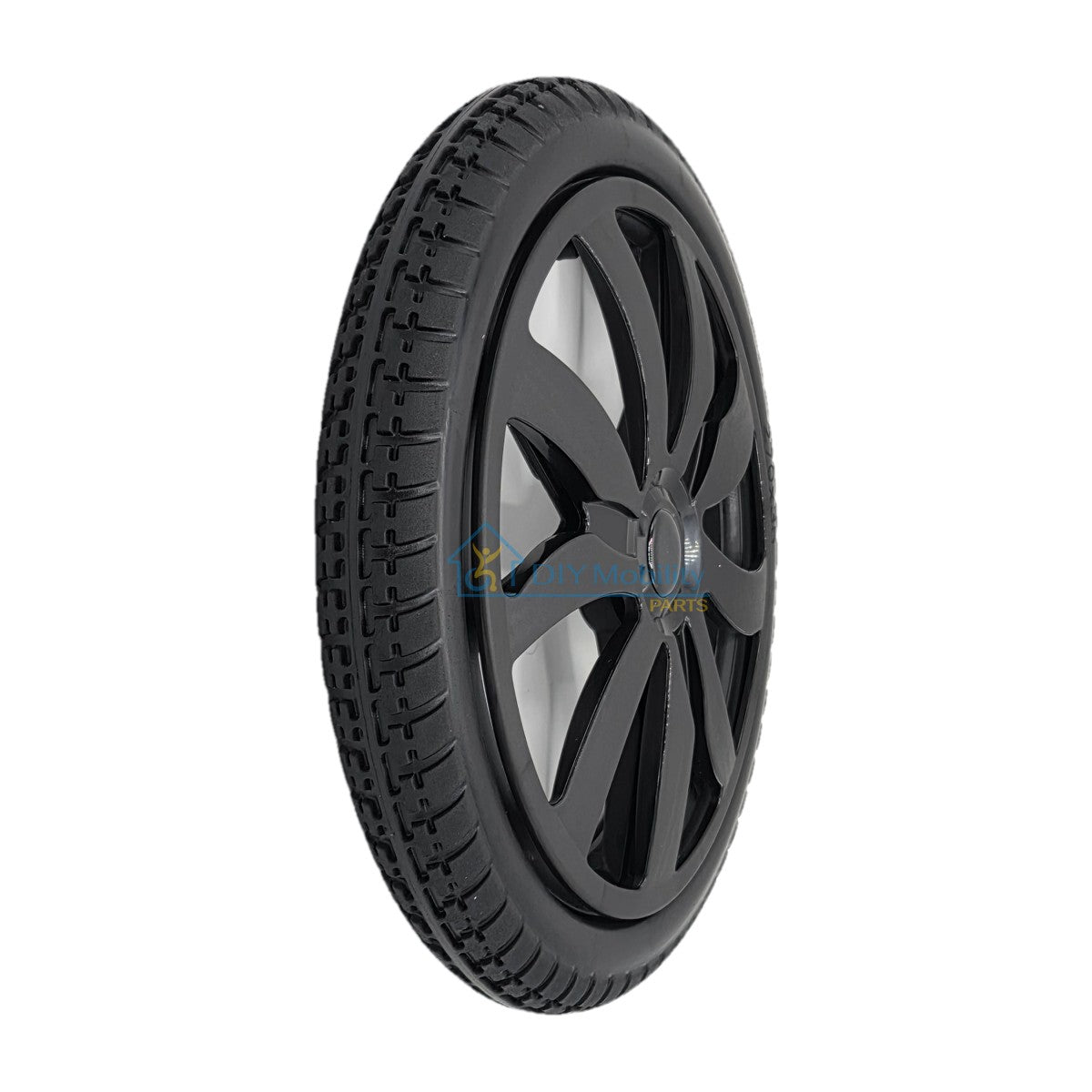 The replacement Rear Drive Wheel For Vive Airframe Magnesium Collection Electric Wheelchair features a black treaded 270x35 tire and fits the left or right side.  