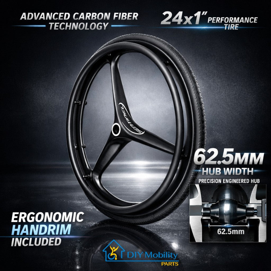 24 x 1 in. Sentinel Carbon Fiber Ultralight Wheelchair Wheel with 1/2 in. Axle Bearing