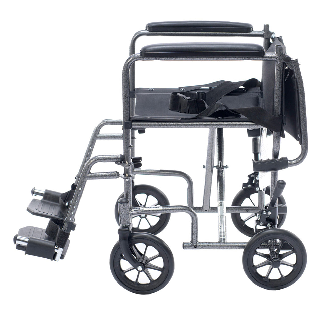 Side view of the Lightweight transport wheelchair designed for travel and daily use. Easy to fold, compact, and simple to push for smooth mobility and convenience.