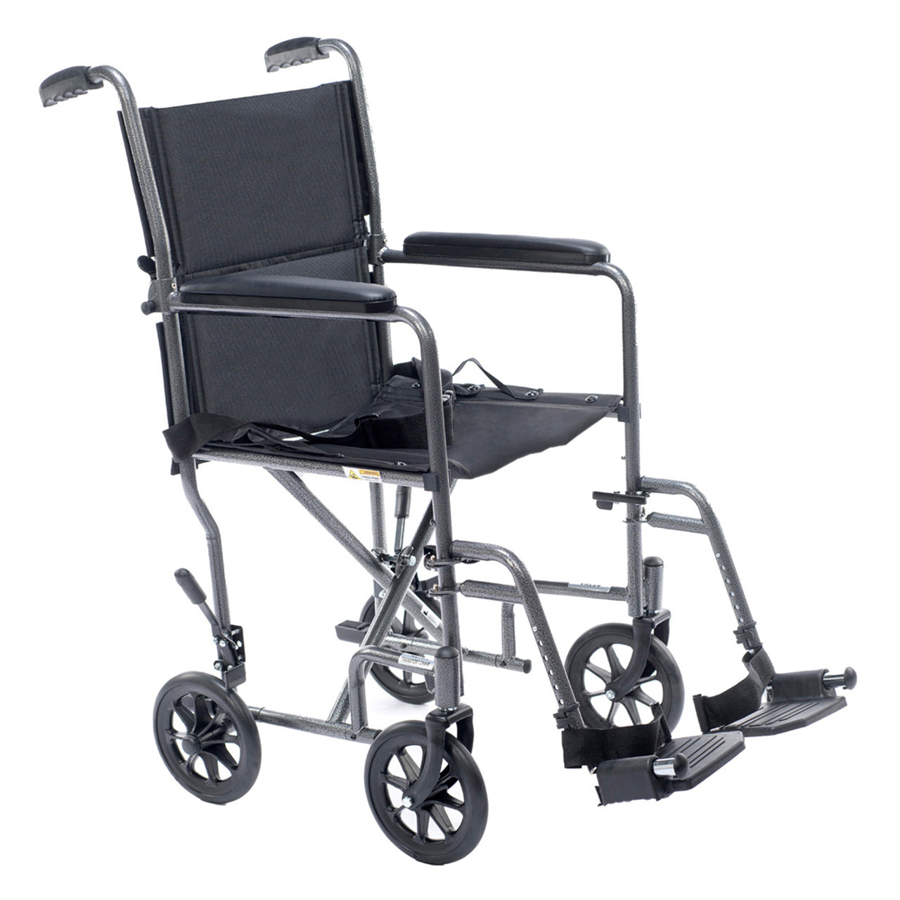 Angled view of the Lightweight transport wheelchair designed for travel and daily use. Easy to fold, compact, and simple to push for smooth mobility and convenience.
