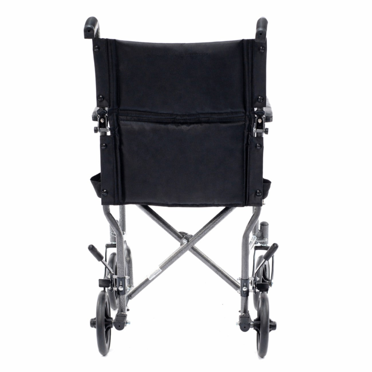 Back view of the Lightweight transport wheelchair designed for travel and daily use. Easy to fold, compact, and simple to push for smooth mobility and convenience.