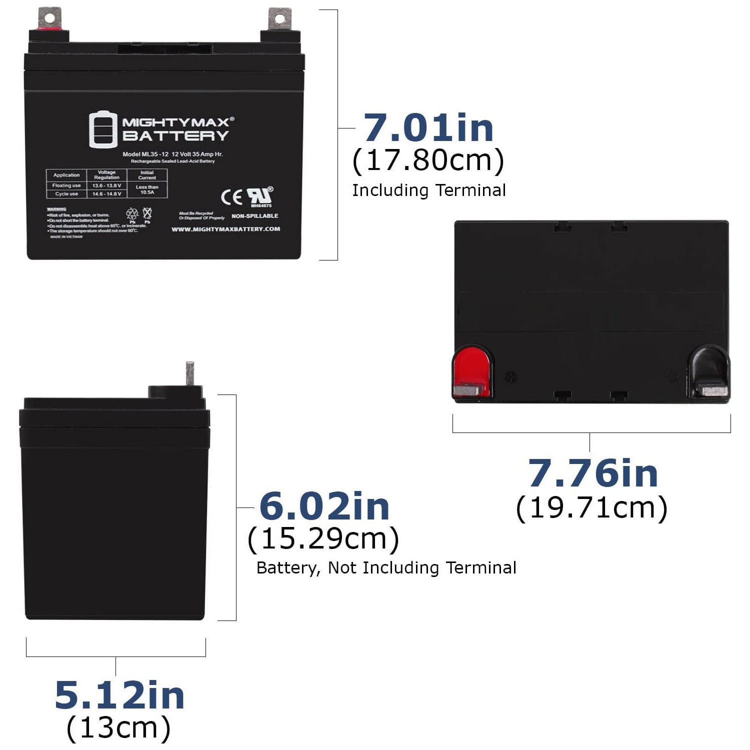 Measurement view of the U1 (35 Ah) 12v SLA AGM for Powerchair, Scooter, and power wheelchairs showing battery dimensions.