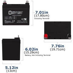 Measurement view of the U1 (35 Ah) 12v SLA AGM for Powerchair, Scooter, and power wheelchairs showing battery dimensions.